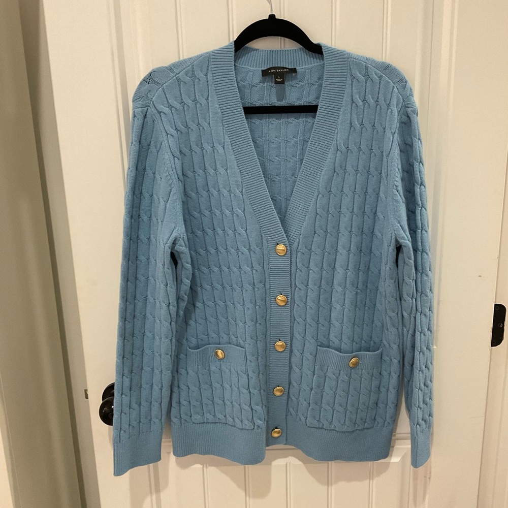 Ann Taylor Blue Cable Knit Cardigan Sweater - Picture 3 of 8